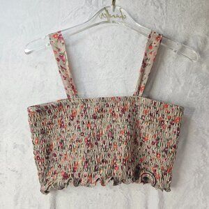 Mimi Chica Women Crop Top Tan Floral Smoked Elastic Sleeveless Size M